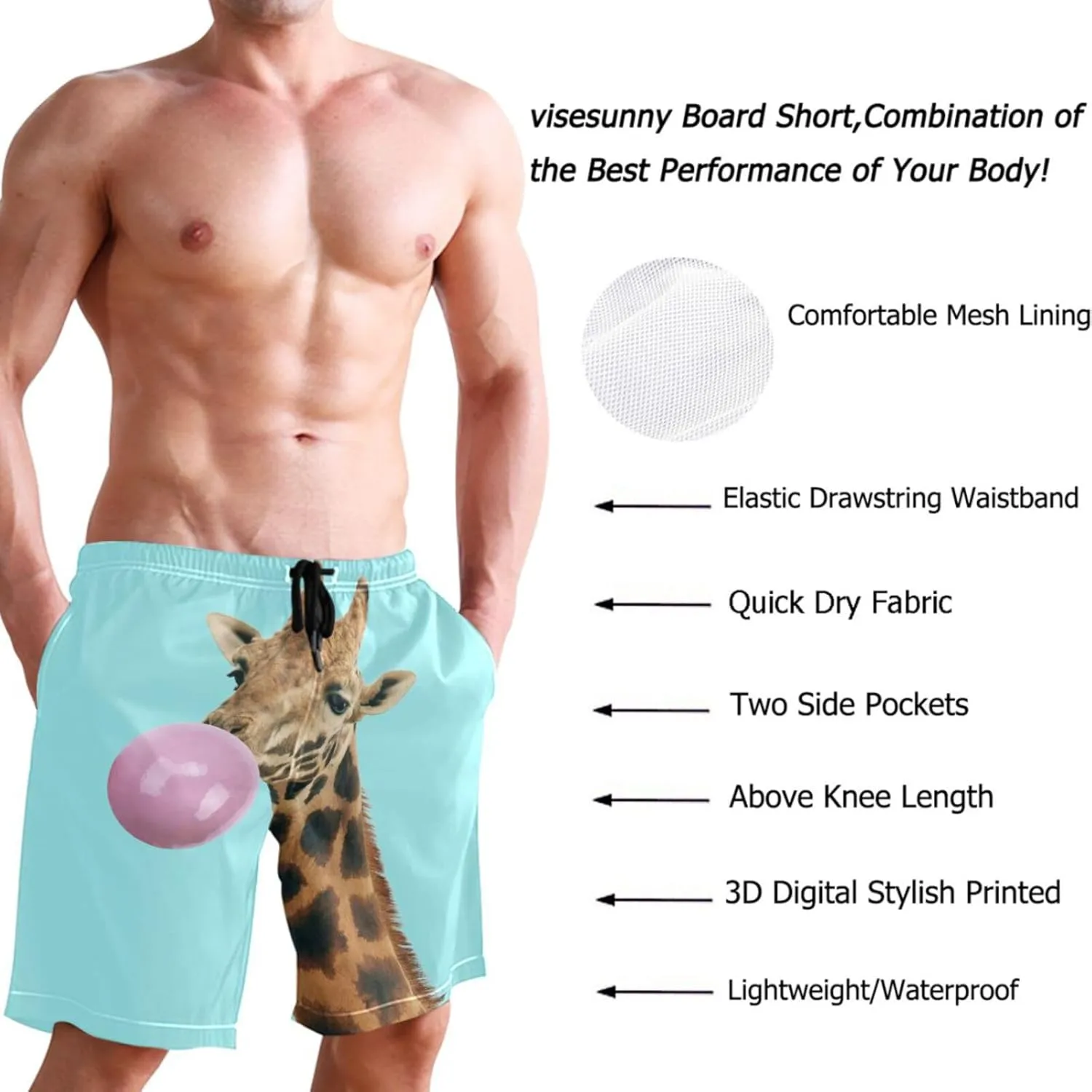 visesunny Men's Novelty Beach Shorts Quick Dry Swimwear Sports Running Swim Board Shorts Bathing Suits Mesh Lining
