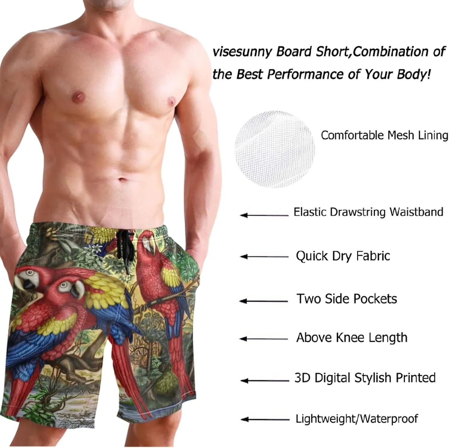 visesunny Men's Novelty Beach Shorts Soft Swimwear Sports Running Swim Board Shorts Bathing Suits Mesh Lining
