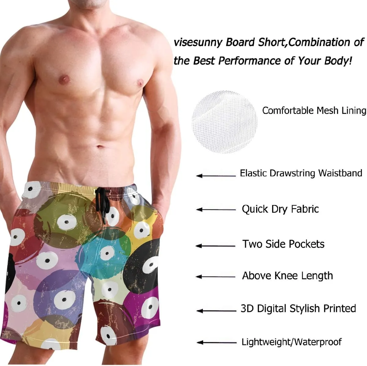 visesunny Men's Novelty Beach Shorts Soft Swimwear Sports Running Swim Board Shorts Bathing Suits Mesh Lining