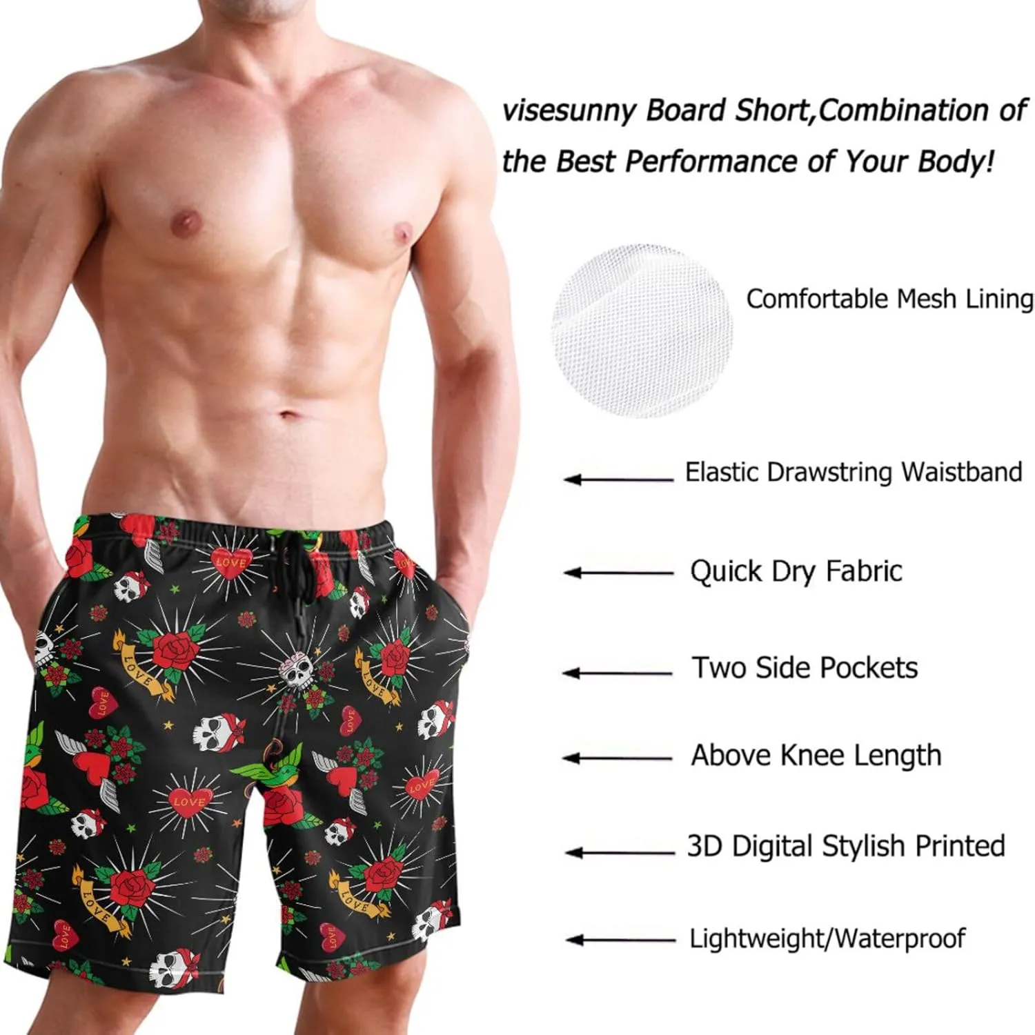 visesunny Men's Novelty Beach Shorts Soft Swimwear Sports Running Swim Board Shorts Bathing Suits Mesh Lining