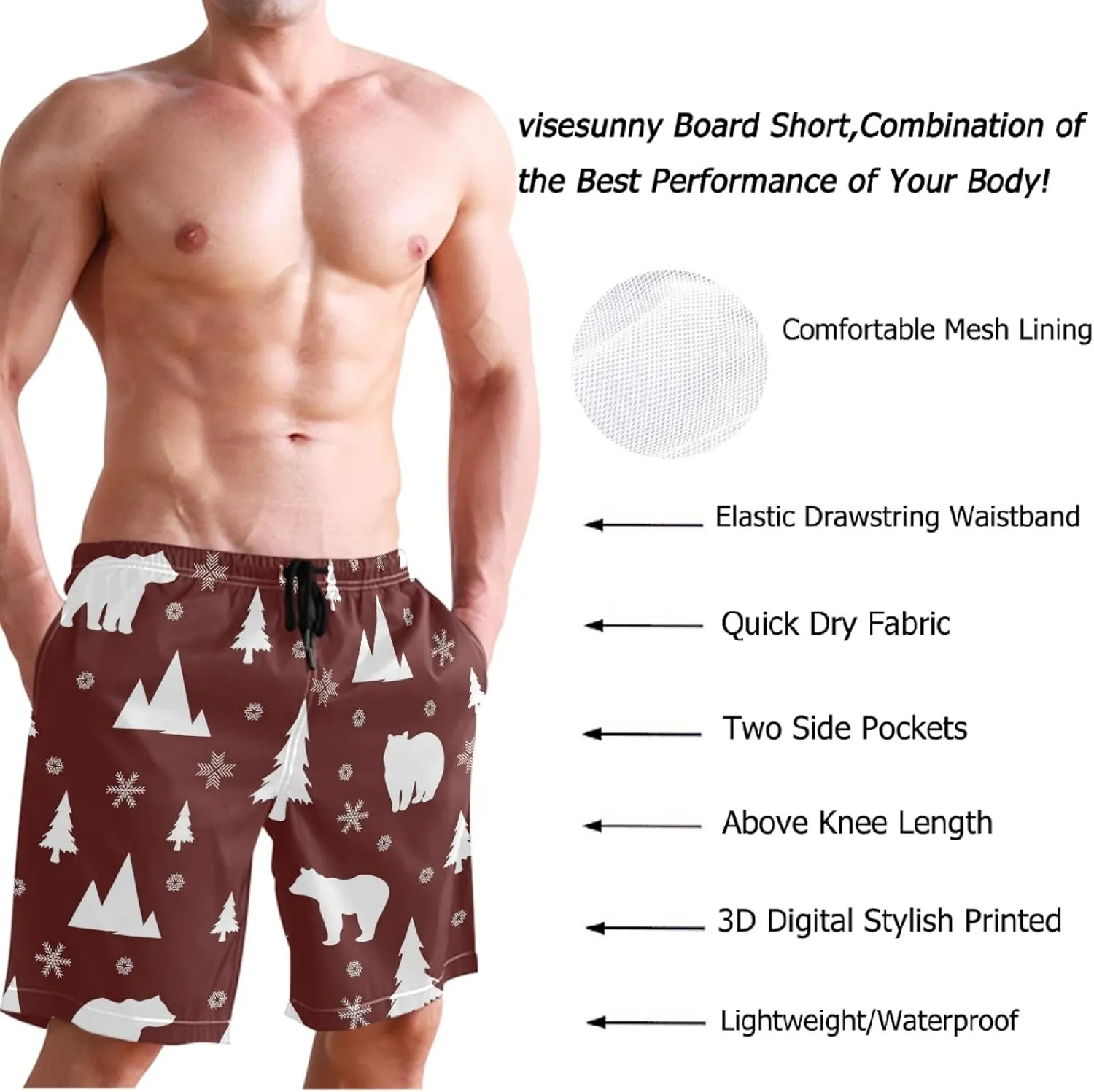 visesunny Men's Novelty Beach Shorts Soft Swimwear Sports Running Swim Board Shorts Bathing Suits Mesh Lining