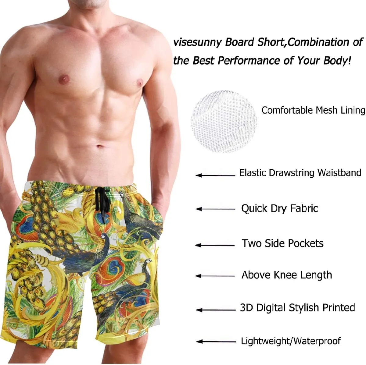 visesunny Men's Novelty Beach Shorts Soft Swimwear Sports Running Swim Board Shorts Bathing Suits Mesh Lining