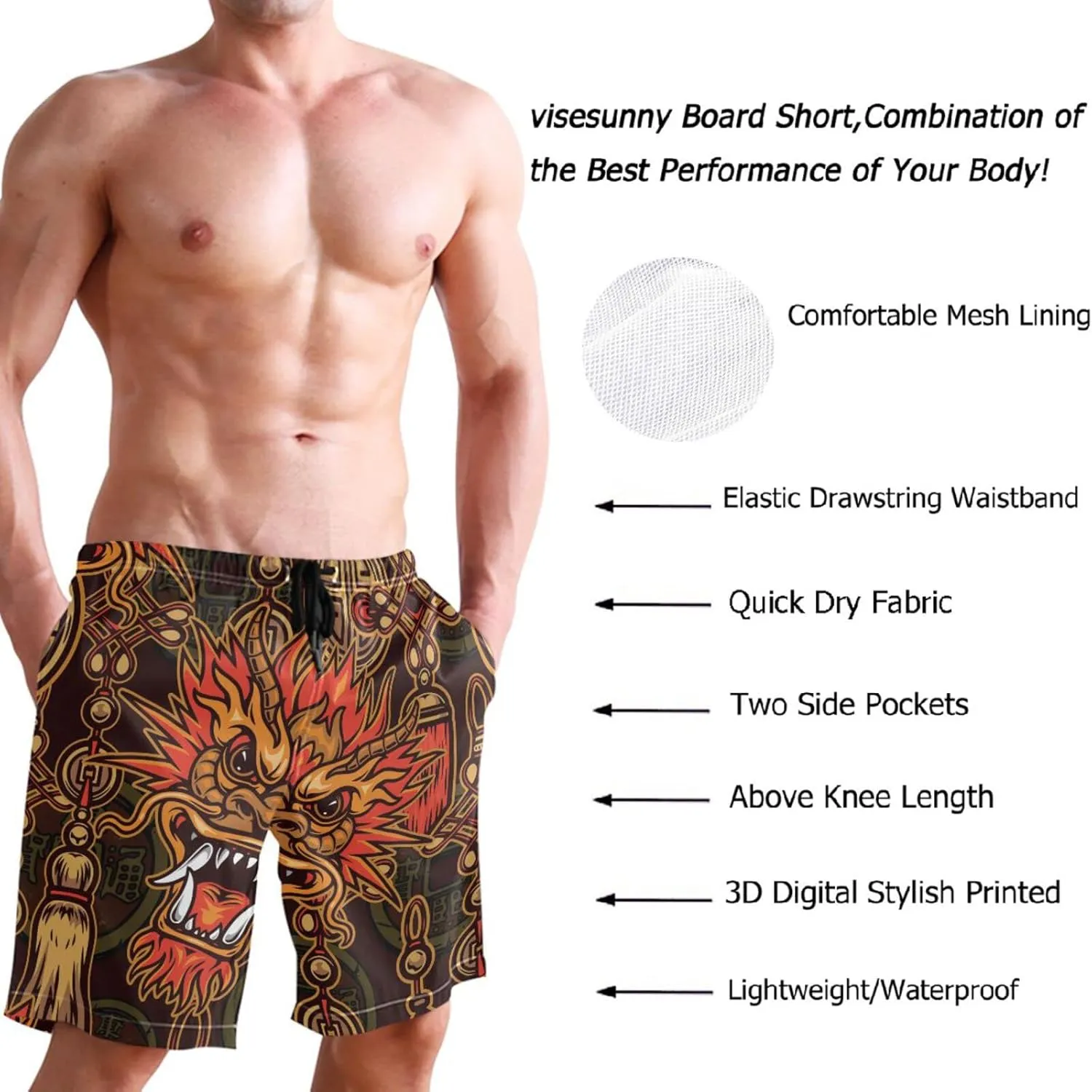 visesunny Men's Novelty Beach Shorts Soft Swimwear Sports Running Swim Board Shorts Bathing Suits Mesh Lining