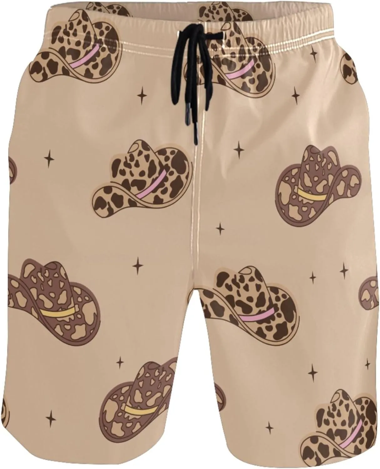 visesunny Men's Swim Trunks Retro Cowboy Hats with Cow Print Wild West Quick Dry Bathing Suits Beach Swim Shorts