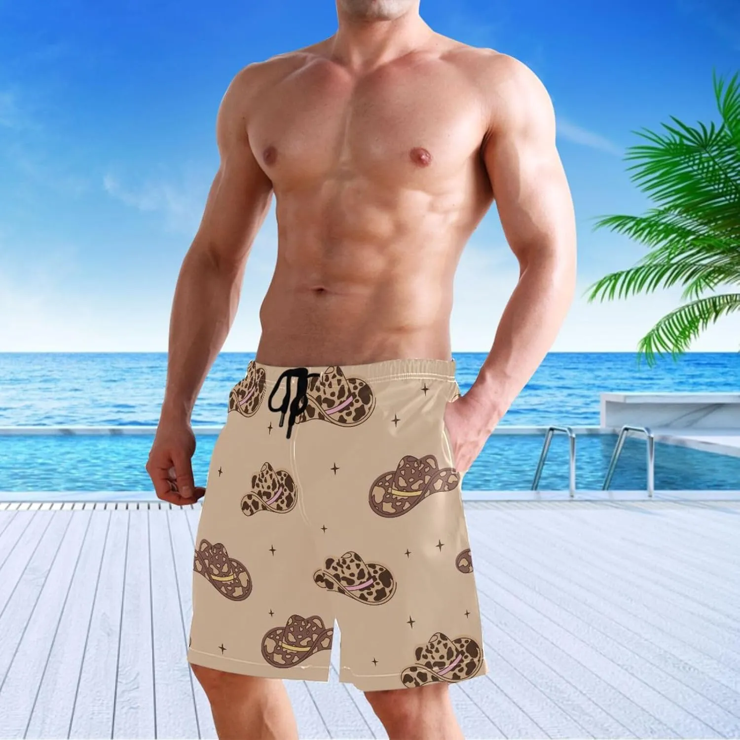 visesunny Men's Swim Trunks Retro Cowboy Hats with Cow Print Wild West Quick Dry Bathing Suits Beach Swim Shorts