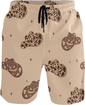 visesunny Men's Swim Trunks Retro Cowboy Hats with Cow Print Wild West Quick Dry Bathing Suits Beach Swim Shorts