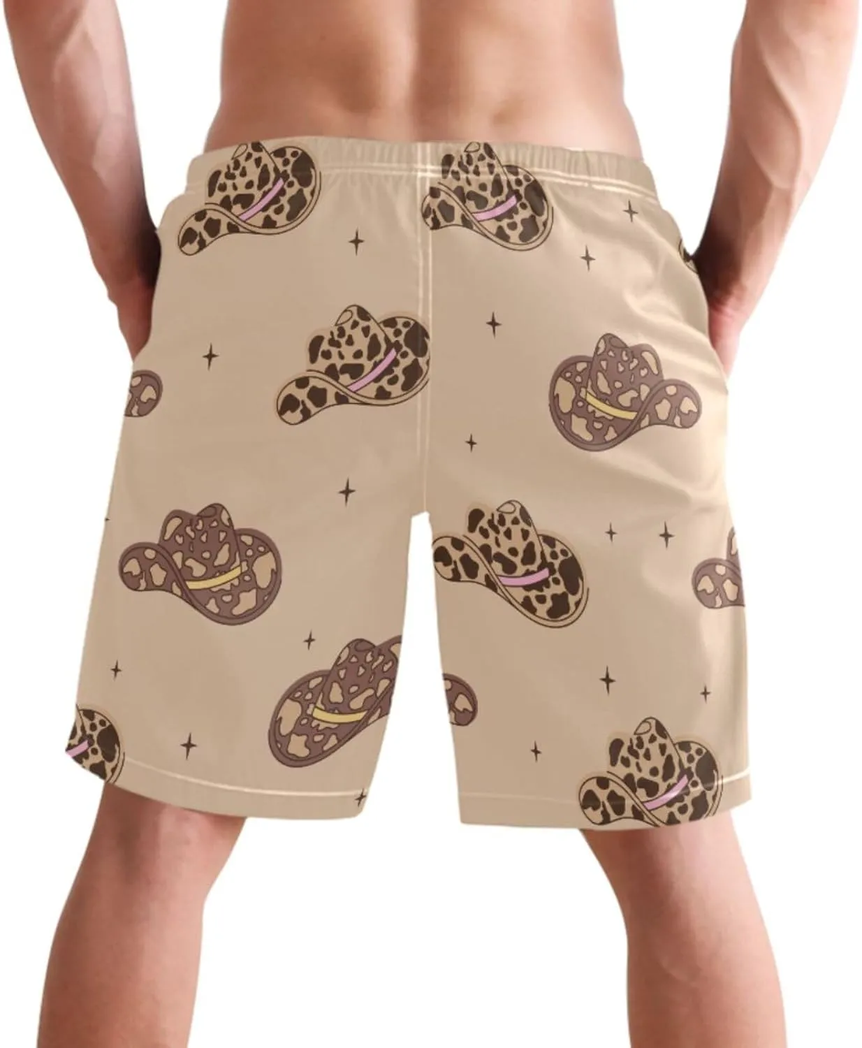 visesunny Men's Swim Trunks Retro Cowboy Hats with Cow Print Wild West Quick Dry Bathing Suits Beach Swim Shorts
