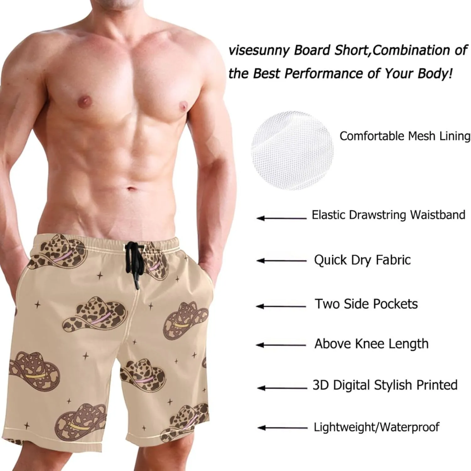 visesunny Men's Swim Trunks Retro Cowboy Hats with Cow Print Wild West Quick Dry Bathing Suits Beach Swim Shorts