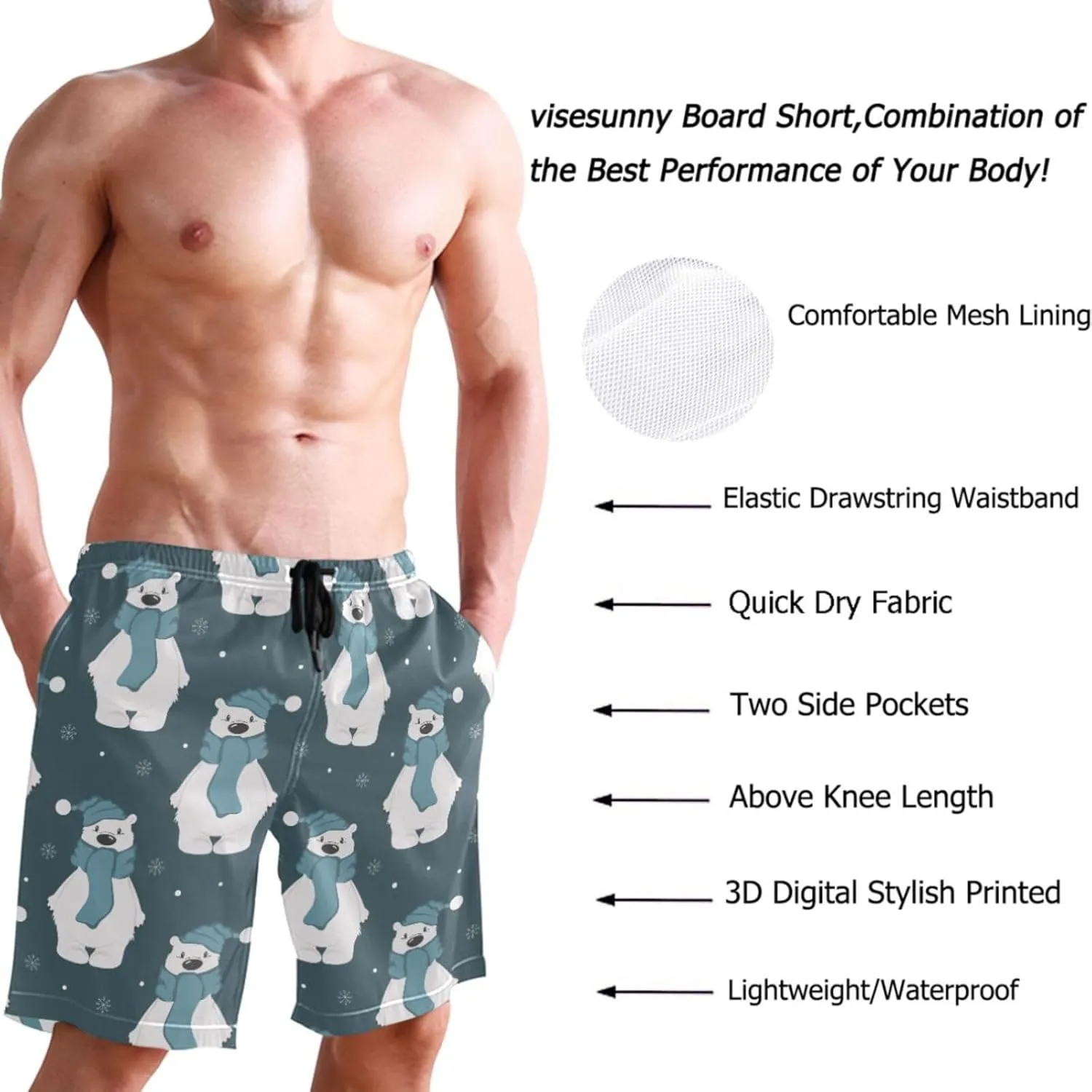 visesunny Mens Swim Trunks with Mesh Lining Lightweight Quick Dry Holiday Beach Swim Suits Board Shorts for Men