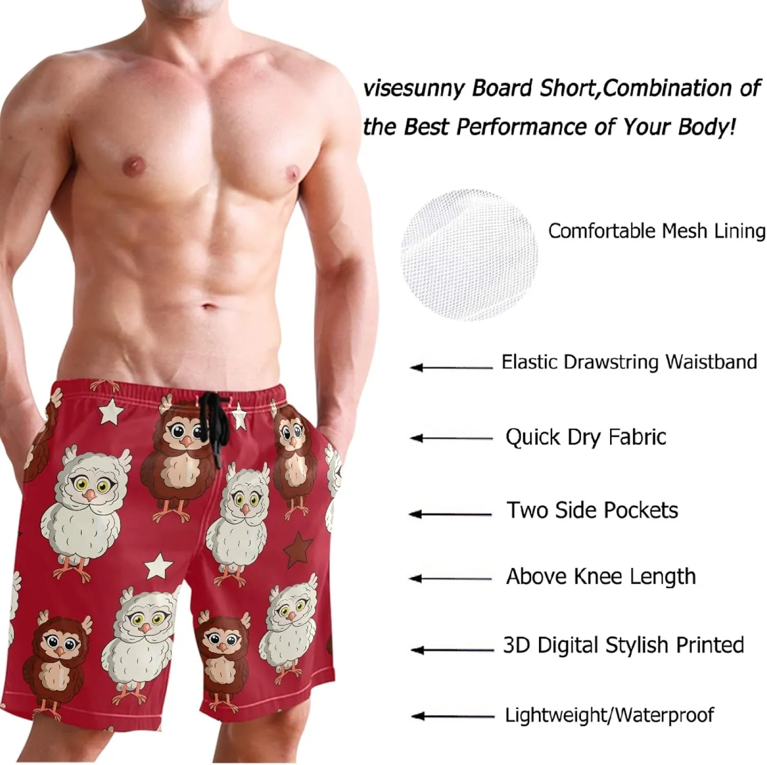 visesunny Mens Swim Trunks with Mesh Lining Lightweight Quick Dry Holiday Beach Swim Suits Board Shorts for Men