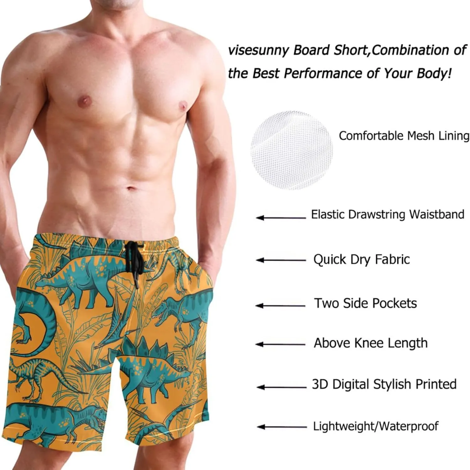visesunny Mens Swim Trunks with Mesh Lining Lightweight Quick Dry Holiday Beach Swim Suits Board Shorts for Men