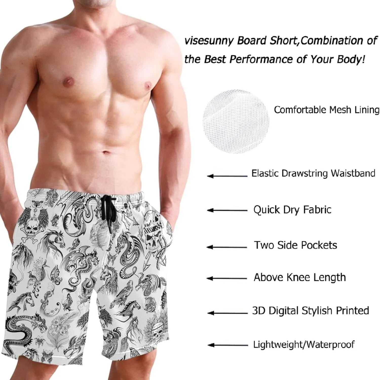 visesunny Mens Swim Trunks with Mesh Lining Lightweight Quick Dry Holiday Beach Swim Suits Board Shorts for Men