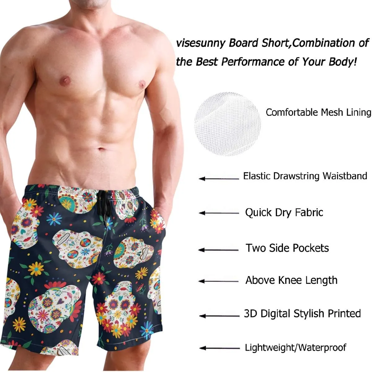 visesunny New Summer Men's Swim Trunks Quick Dry Bathing Suits Holiday Beach Short Casual Board Shorts