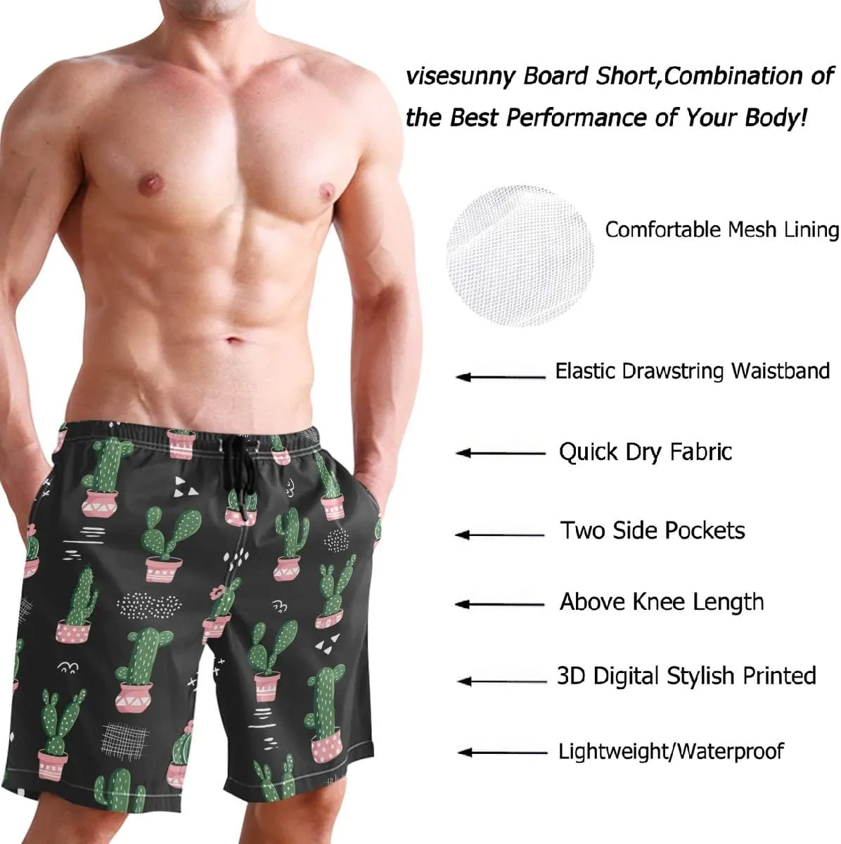 visesunny Stylish Mens Swim Trunks Quick Dry Beachwear Sports Swim Board Shorts Holiday Party Bathing Suits