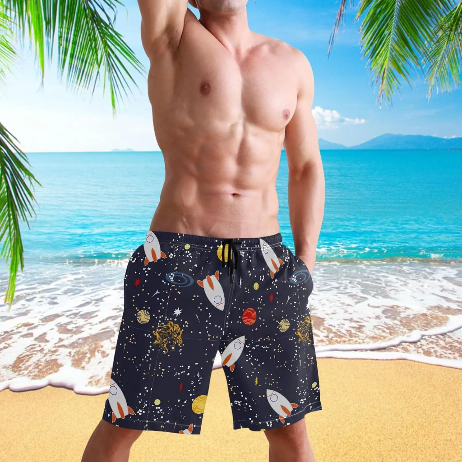 visesunny Stylish Summer Mens Swim Trunks Quick Dry Beachwear Sports Swim Board Shorts Holiday Party Bathing Suits
