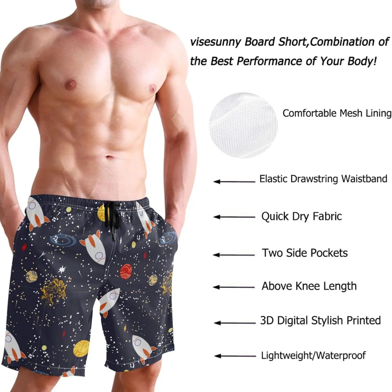 visesunny Stylish Summer Mens Swim Trunks Quick Dry Beachwear Sports Swim Board Shorts Holiday Party Bathing Suits