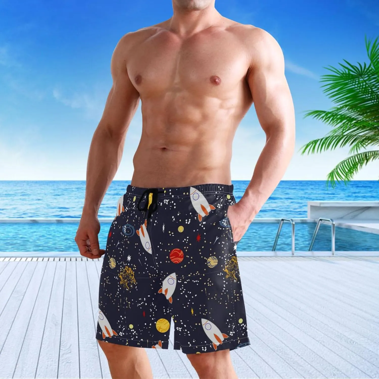 visesunny Stylish Summer Mens Swim Trunks Quick Dry Beachwear Sports Swim Board Shorts Holiday Party Bathing Suits