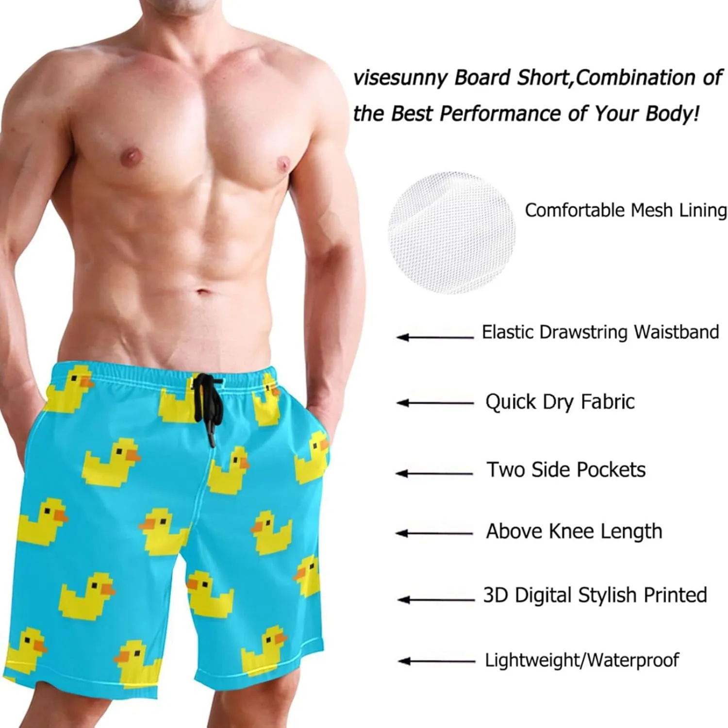 visesunny Stylish Summer Mens Swim Trunks Quick Dry Beachwear Sports Swim Board Shorts Holiday Party Bathing Suits