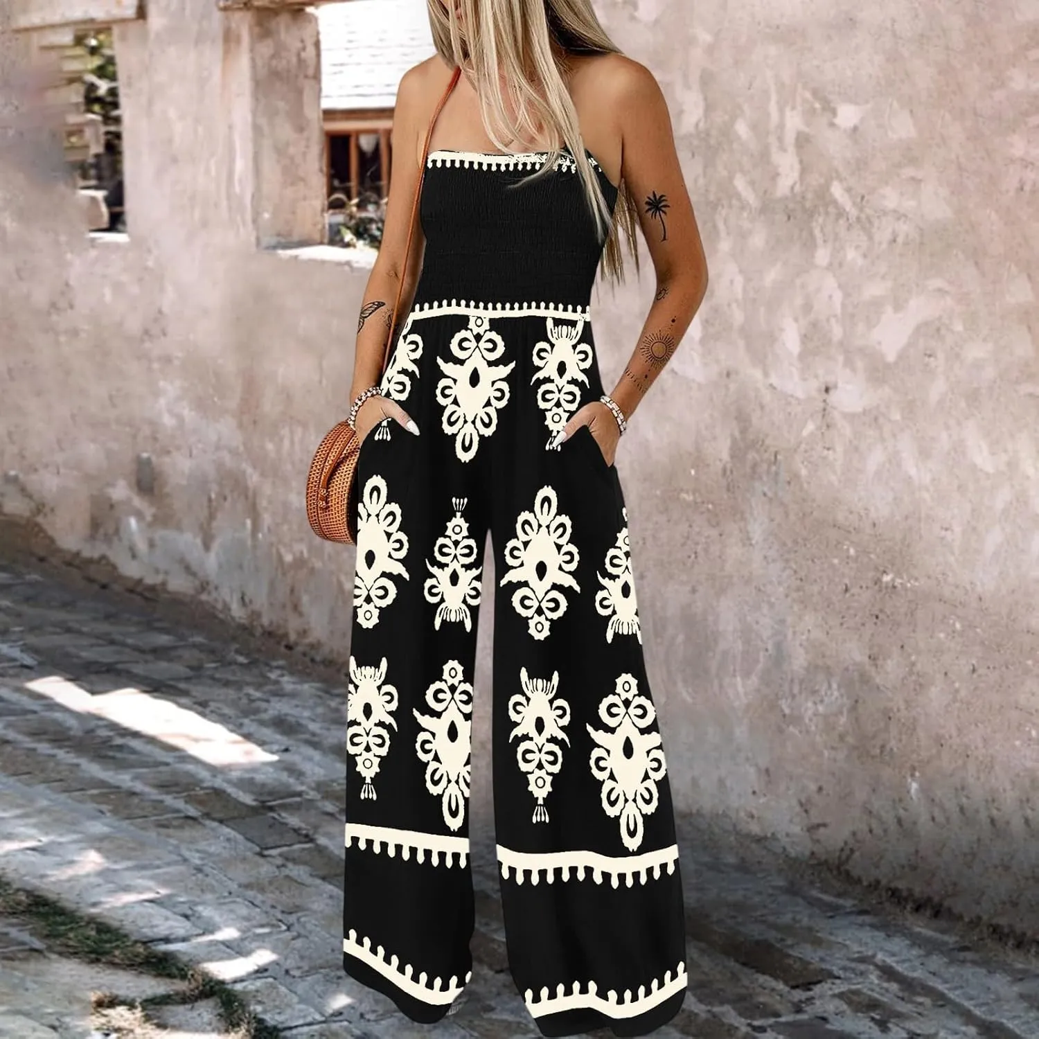 Wide Leg Jumpsuit Women Summer 2025 Rompers & Overalls Floral Comfy Short Sleeve Resort Wear Retro Jumpsuits