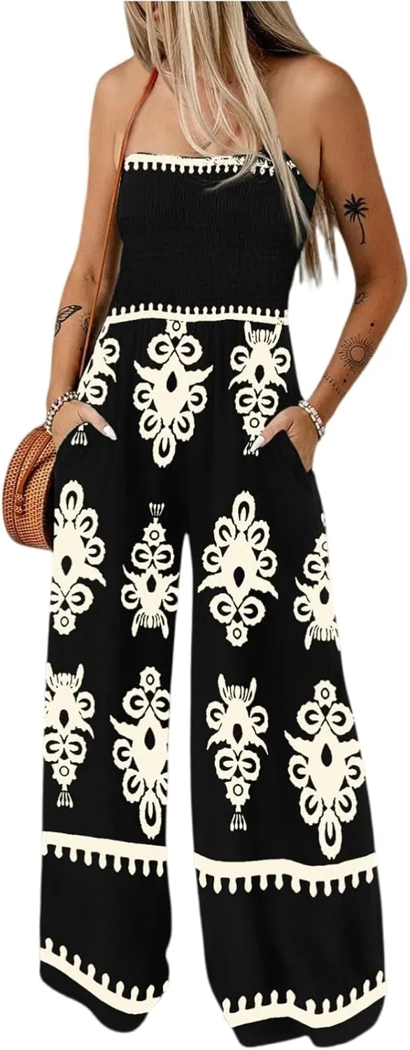 Wide Leg Jumpsuit Women Summer 2025 Rompers & Overalls Floral Comfy Short Sleeve Resort Wear Retro Jumpsuits