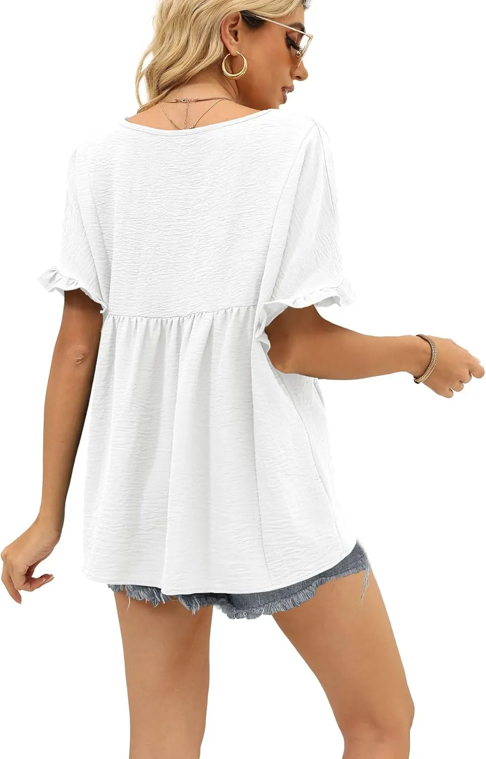 WIHOLL Womens Tops Casual V Neck Ruffle Sleeve T Shirts Babydoll Loose Fit Peplum Tops