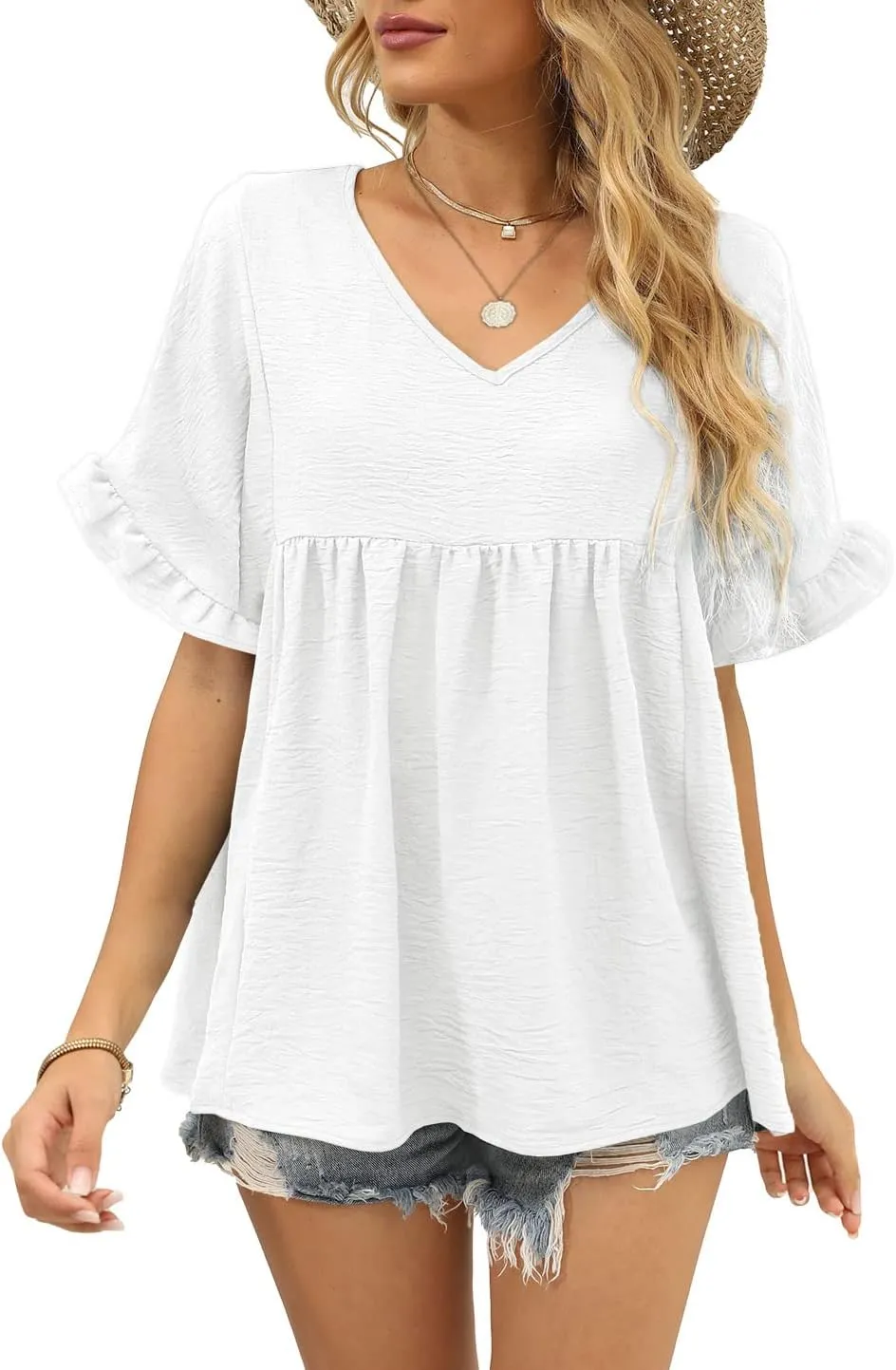 WIHOLL Womens Tops Casual V Neck Ruffle Sleeve T Shirts Babydoll Loose Fit Peplum Tops