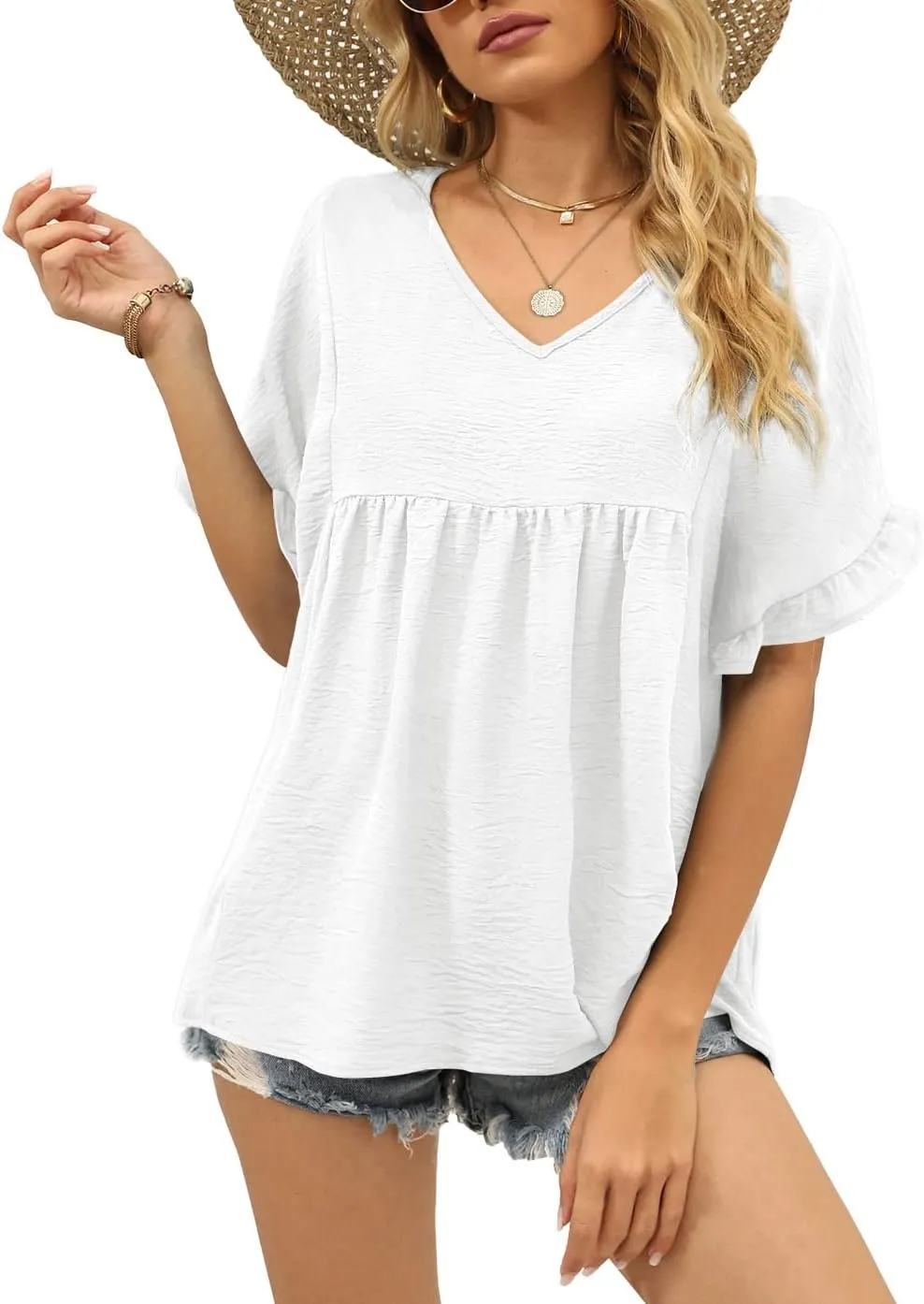 WIHOLL Womens Tops Casual V Neck Ruffle Sleeve T Shirts Babydoll Loose Fit Peplum Tops