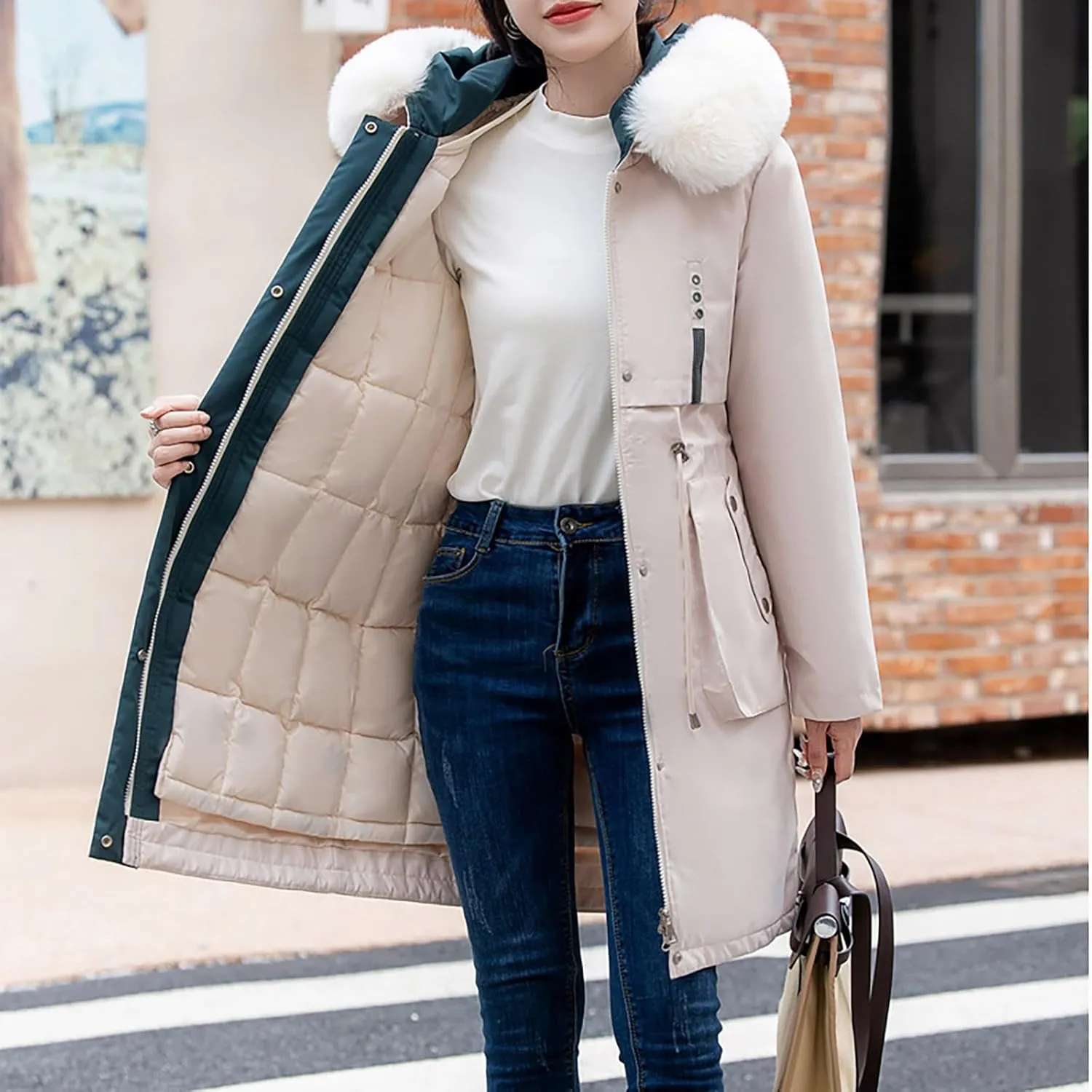 Winter Jacket for Women Long Parka Trench Coat Comfy Stitching Casual Cardigan Lapel Overcoat Belted Slim Outerwear