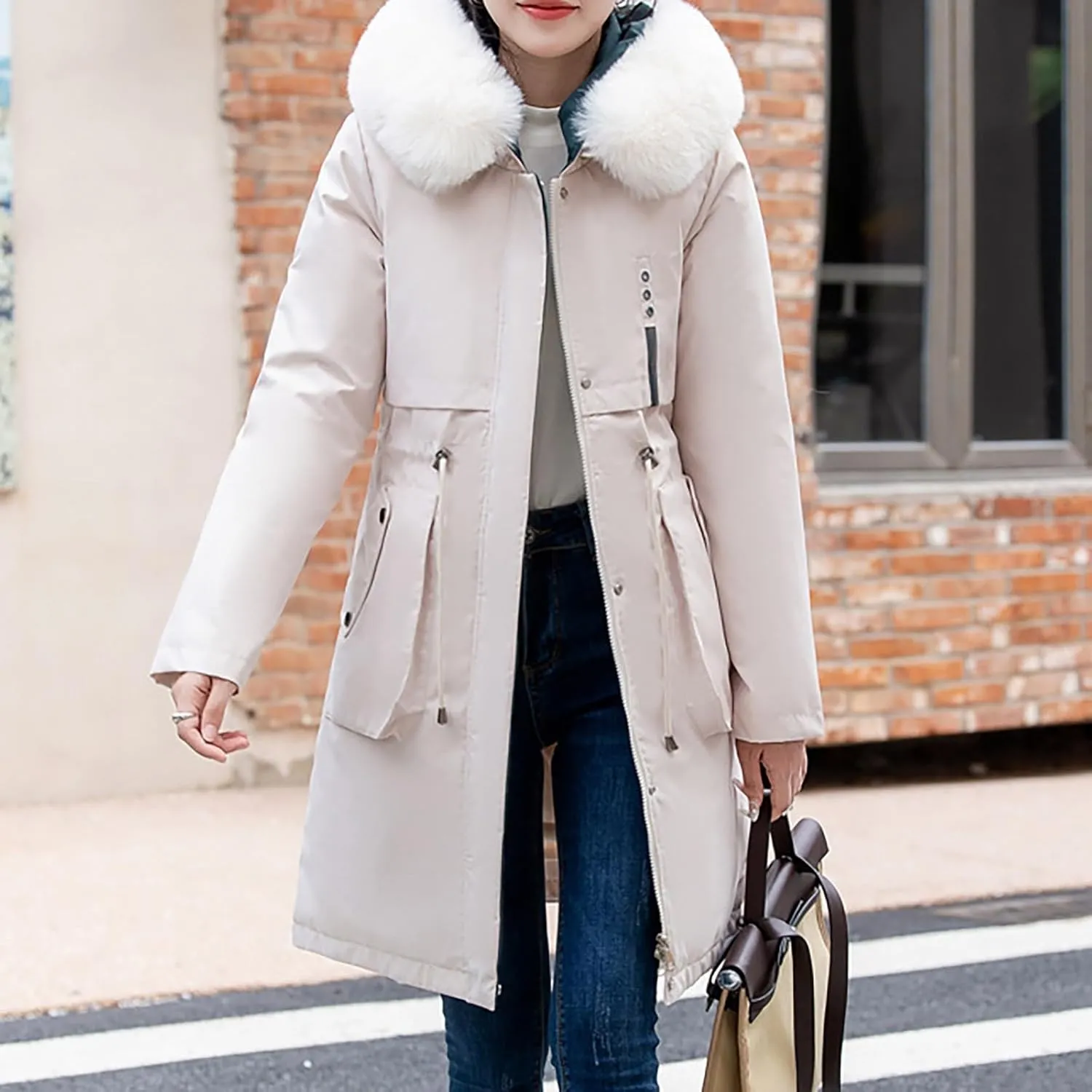 Winter Jacket for Women Long Parka Trench Coat Comfy Stitching Casual Cardigan Lapel Overcoat Belted Slim Outerwear