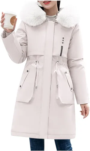 Winter Jacket for Women Long Parka Trench Coat Comfy Stitching Casual Cardigan Lapel Overcoat Belted Slim Outerwear