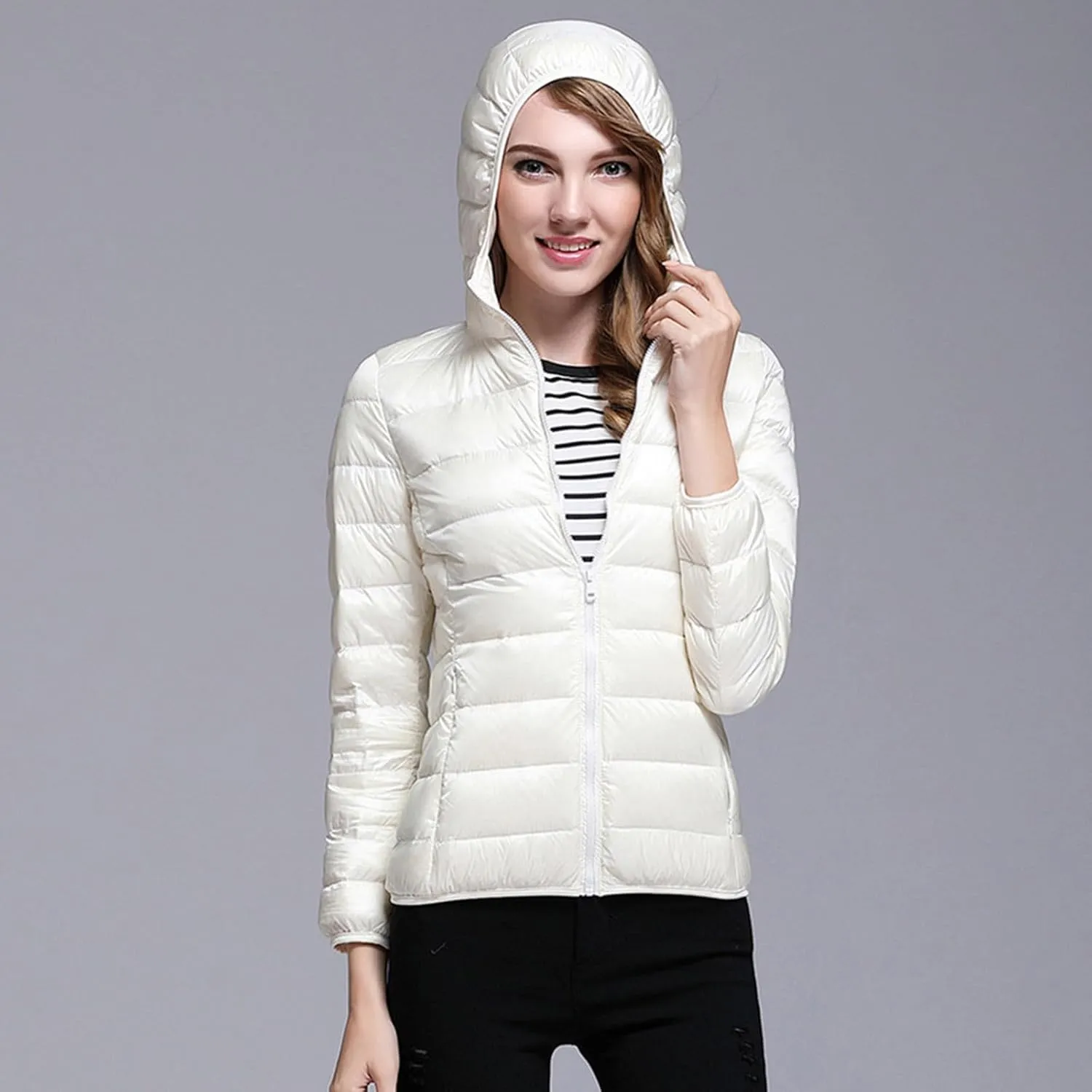 Winter Jacket Women Quilted Stand Collar Lightweight Puffer Coat Solid Zipper Padded Packable Down Jacket With Hood