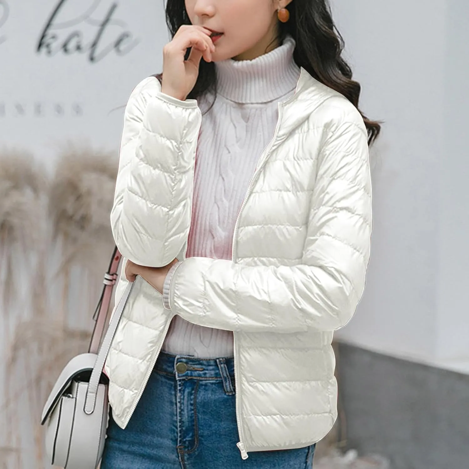 Winter Jacket Women Quilted Stand Collar Lightweight Puffer Coat Solid Zipper Padded Packable Down Jacket With Hood