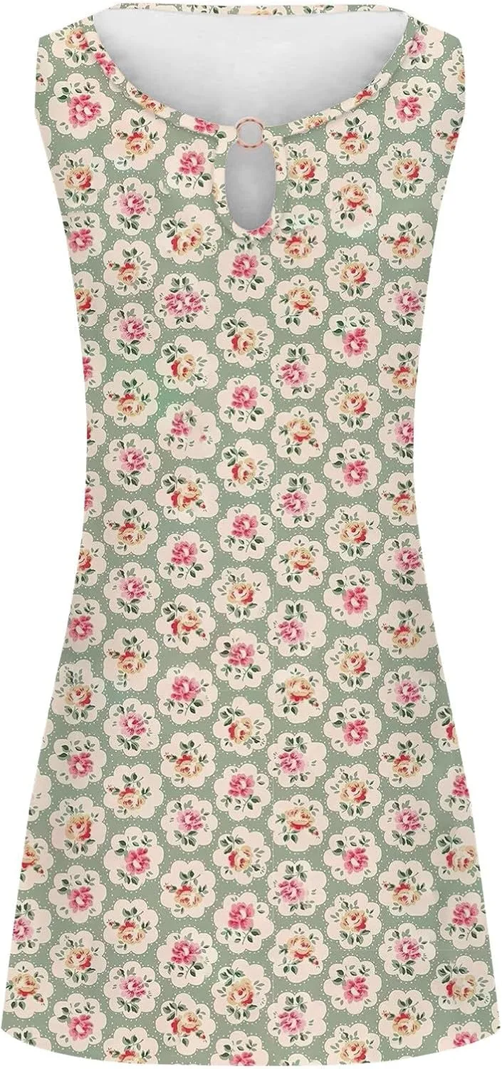 Women 2025 Spring Dresses Loose Casual Sleeveless Sundresses Crewneck T-Shirt Work Office Dresses Boho Floral Mini Dresses