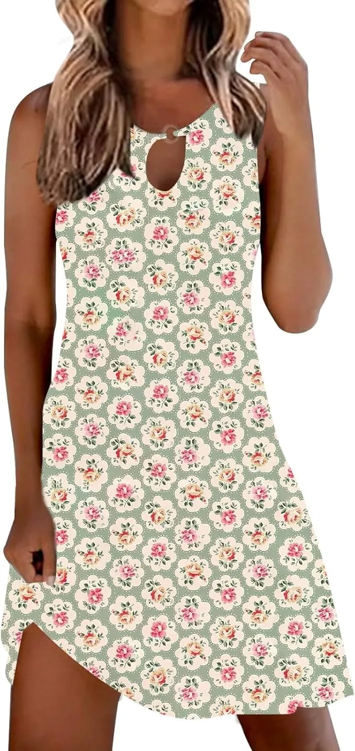 Women 2025 Spring Dresses Loose Casual Sleeveless Sundresses Crewneck T-Shirt Work Office Dresses Boho Floral Mini Dresses