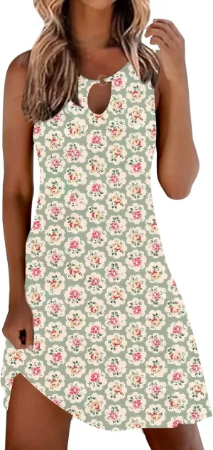 Women 2025 Spring Dresses Loose Casual Sleeveless Sundresses Crewneck T-Shirt Work Office Dresses Boho Floral Mini Dresses