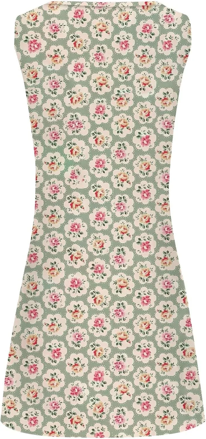 Women 2025 Spring Dresses Loose Casual Sleeveless Sundresses Crewneck T-Shirt Work Office Dresses Boho Floral Mini Dresses