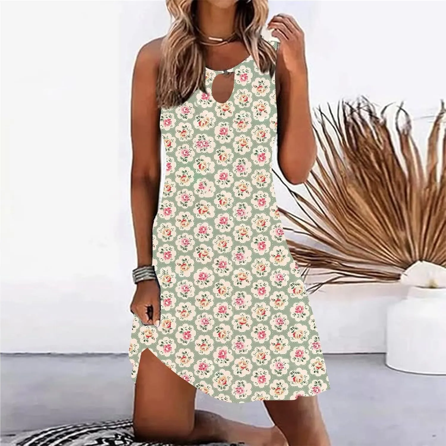 Women 2025 Spring Dresses Loose Casual Sleeveless Sundresses Crewneck T-Shirt Work Office Dresses Boho Floral Mini Dresses