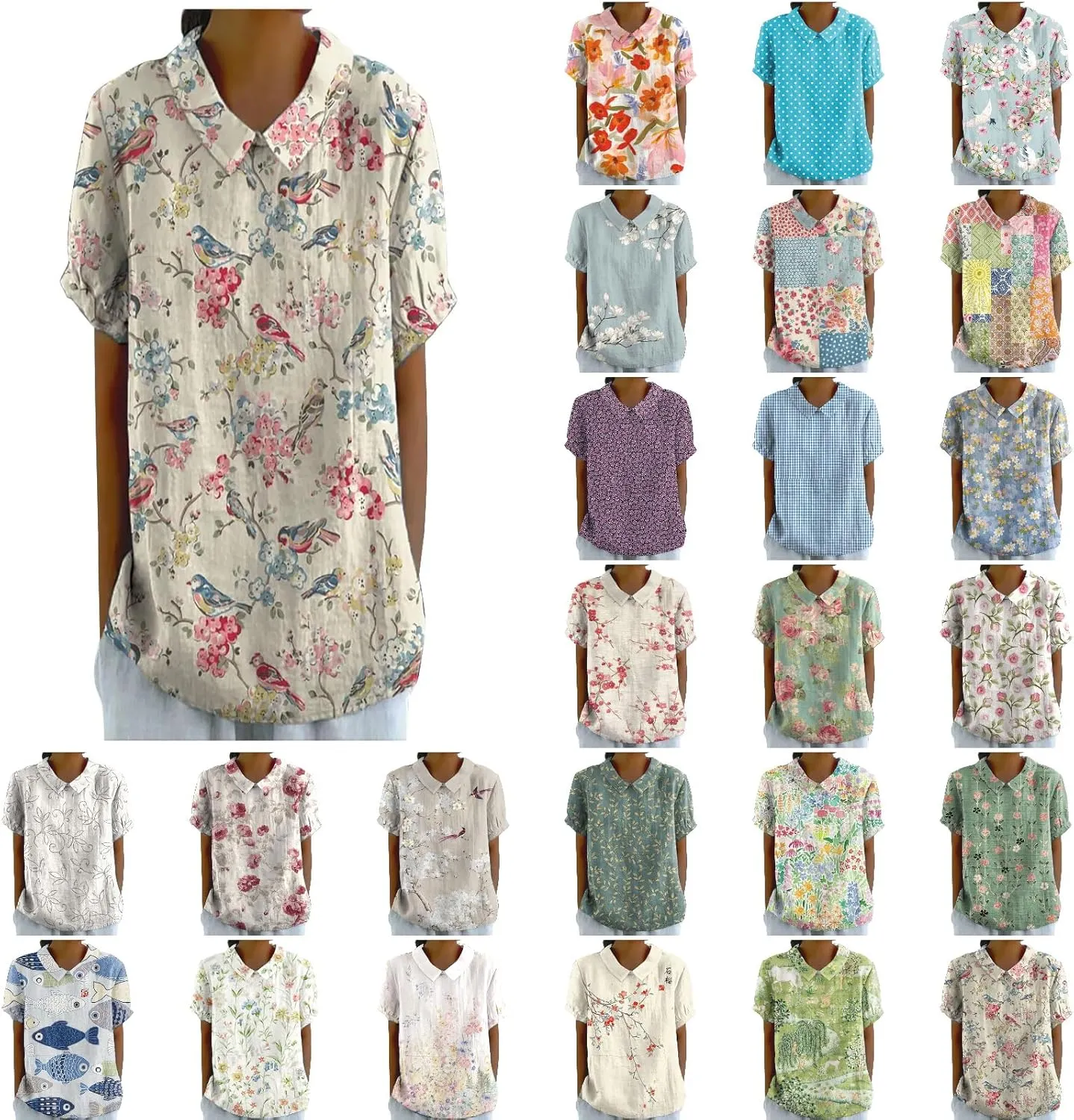 Women Cotton Linen Tops Summer Floral Print Casual Boho Short Sleeve Lapel T Shirt Loose Dressy Blouse Tunic 2025