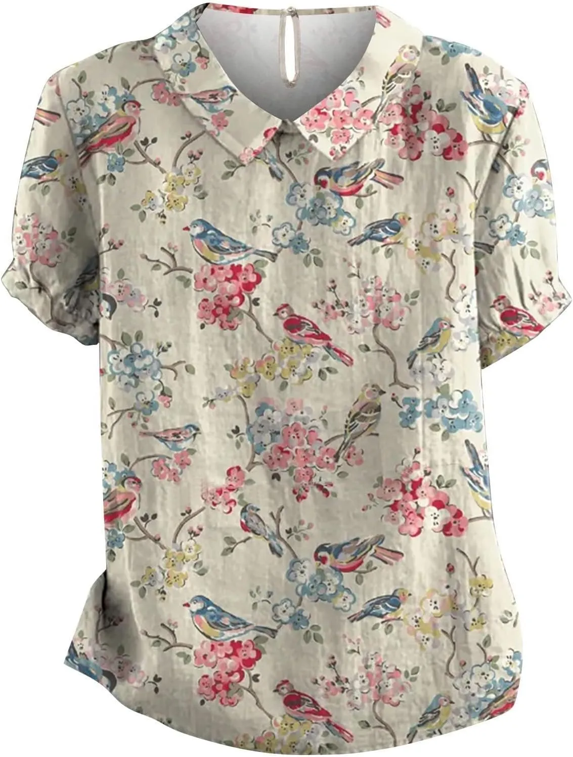 Women Cotton Linen Tops Summer Floral Print Casual Boho Short Sleeve Lapel T Shirt Loose Dressy Blouse Tunic 2025