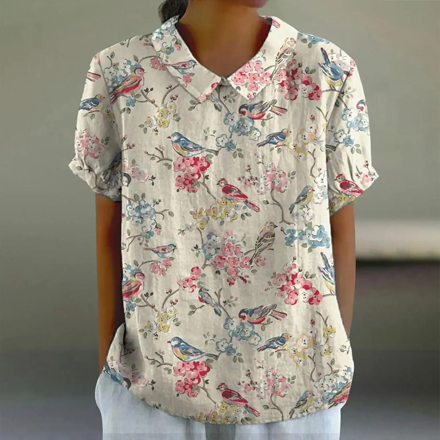 Women Cotton Linen Tops Summer Floral Print Casual Boho Short Sleeve Lapel T Shirt Loose Dressy Blouse Tunic 2025