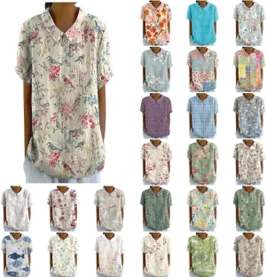Women Cotton Linen Tops Summer Floral Print Casual Boho Short Sleeve Lapel T Shirt Loose Dressy Blouse Tunic 2025