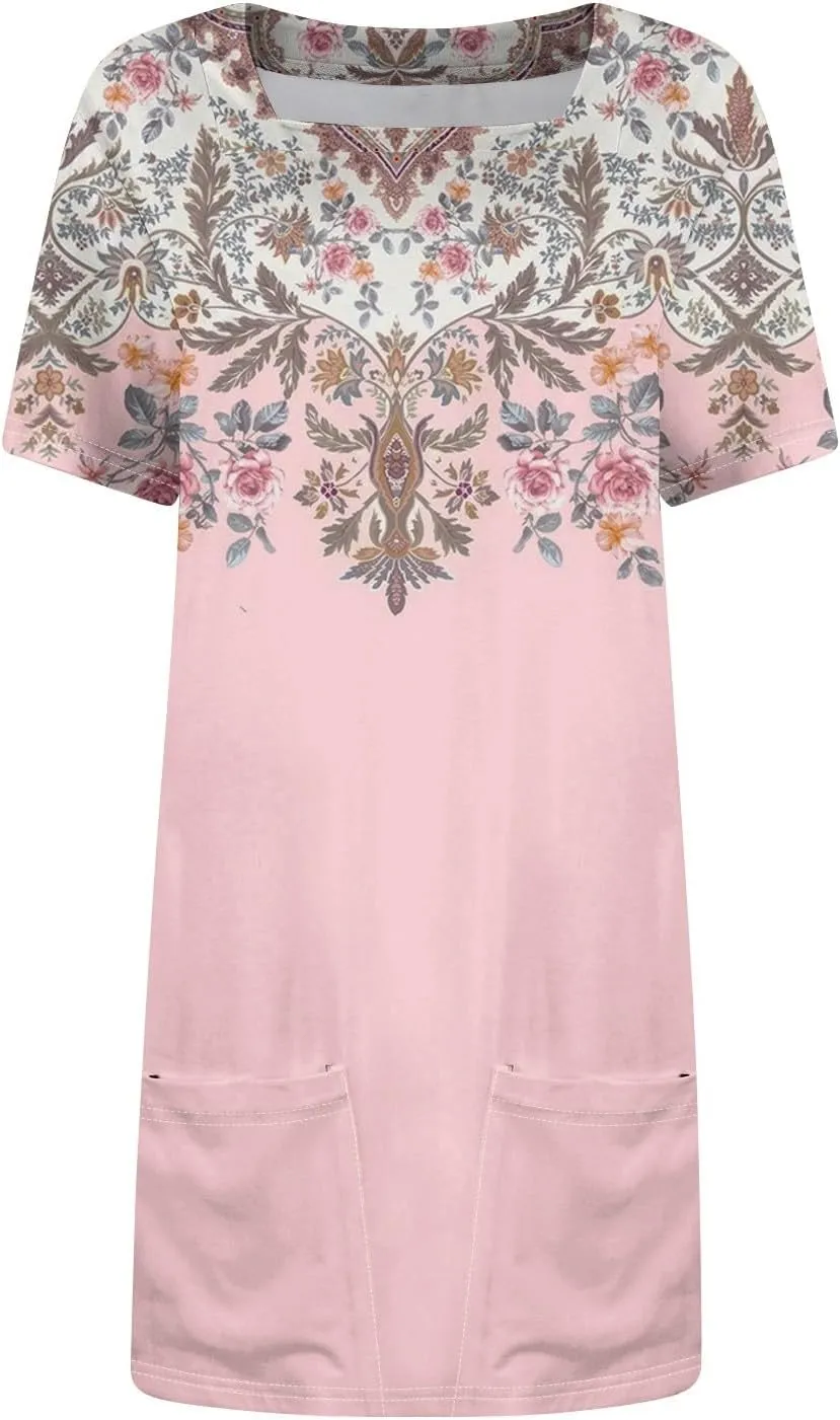 Women Dresses Summer 2025 Short Dresses Short Sleeve Square Neck Casual Dresses Beach T-Shirt Dress with Pockets