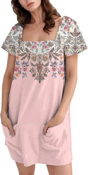 Women Dresses Summer 2025 Short Dresses Short Sleeve Square Neck Casual Dresses Beach T-Shirt Dress with Pockets