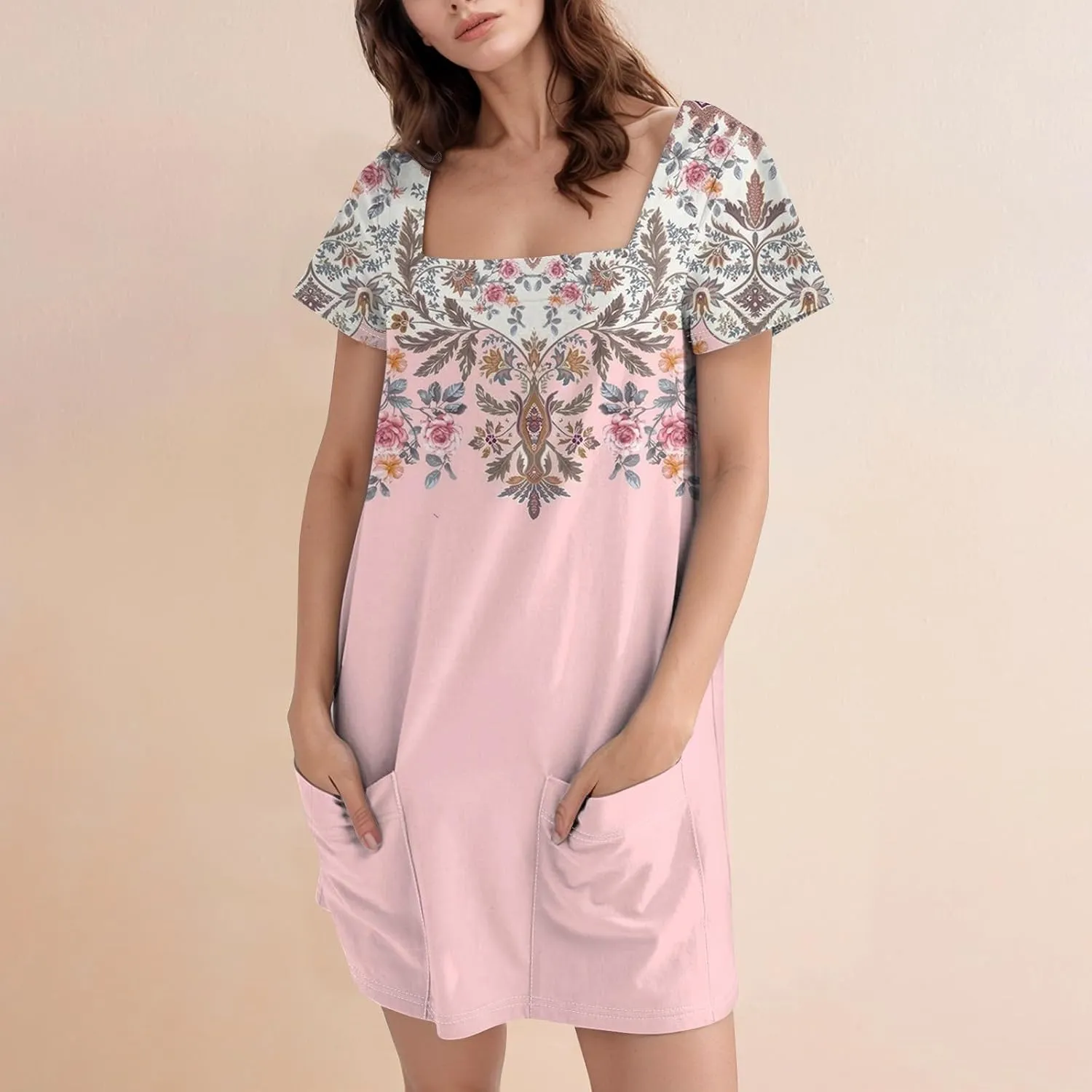 Women Dresses Summer 2025 Short Dresses Short Sleeve Square Neck Casual Dresses Beach T-Shirt Dress with Pockets