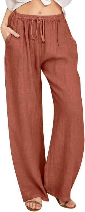 Women Fall Pants Linen Trousers Loose Fit Straight Leg Pants Casual Work Pants Drawstring Lounge Pants with Pockets