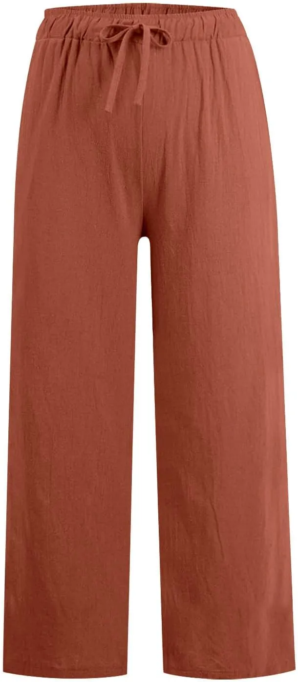 Women Fall Pants Linen Trousers Loose Fit Straight Leg Pants Casual Work Pants Drawstring Lounge Pants with Pockets