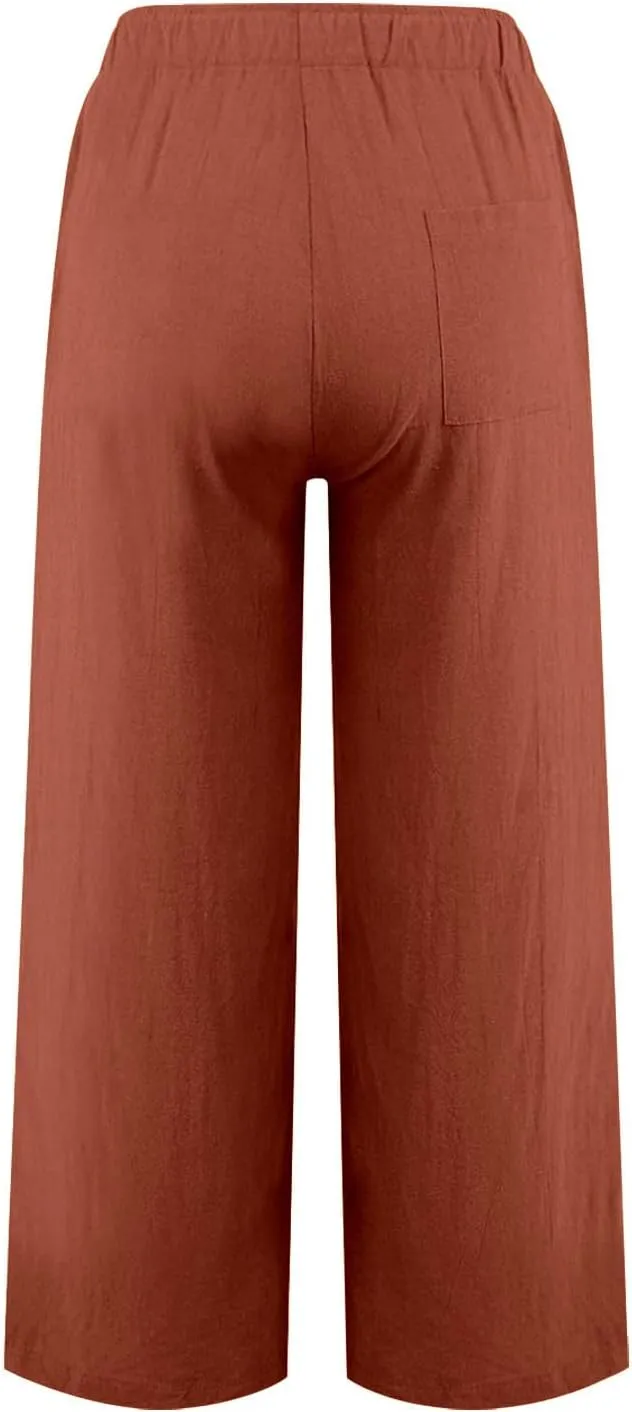 Women Fall Pants Linen Trousers Loose Fit Straight Leg Pants Casual Work Pants Drawstring Lounge Pants with Pockets