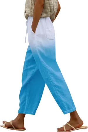 Women Linen Palazzo Pants Cotton Linen Elastic Seven Pants Beach Casual Pants Linen High Waisted Drawstring Lounge Pants