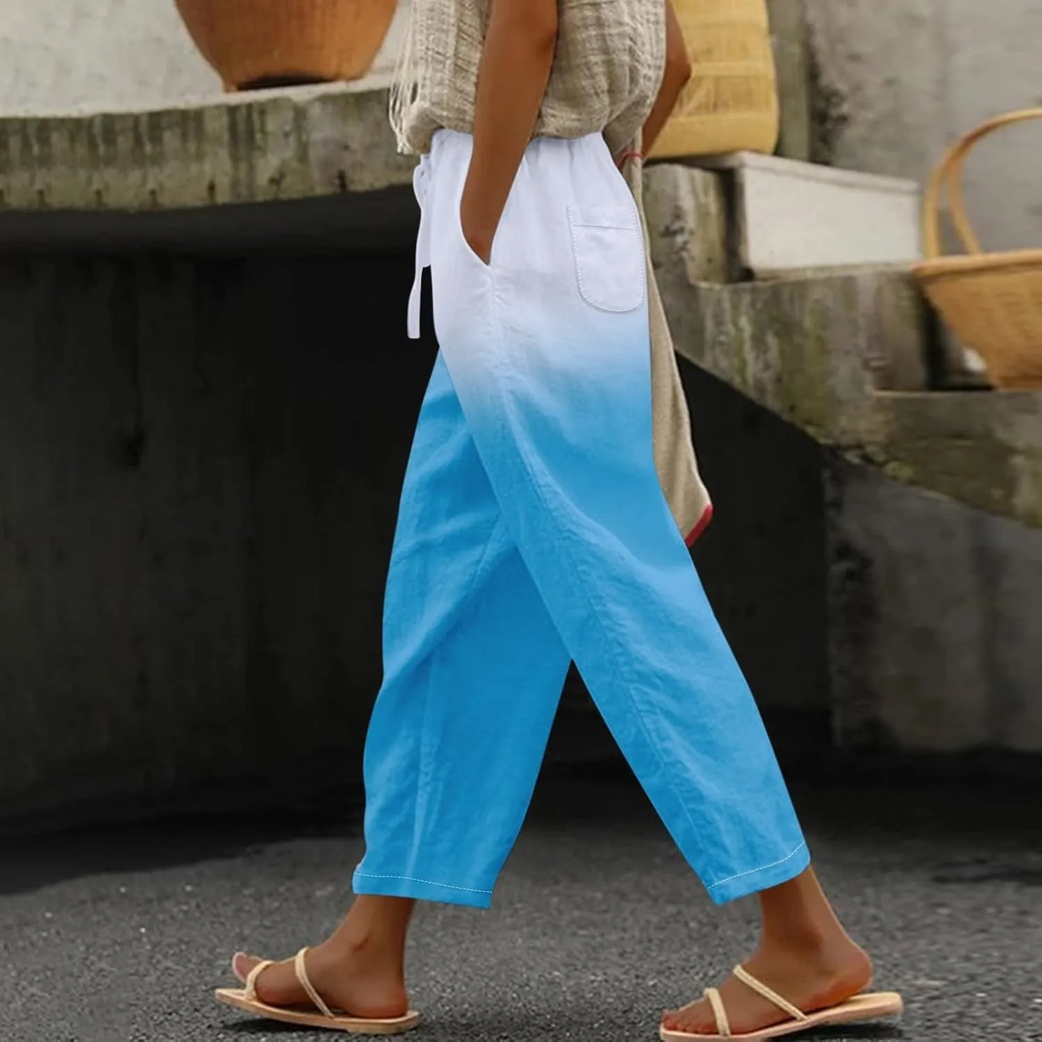 Women Linen Palazzo Pants Cotton Linen Elastic Seven Pants Beach Casual Pants Linen High Waisted Drawstring Lounge Pants
