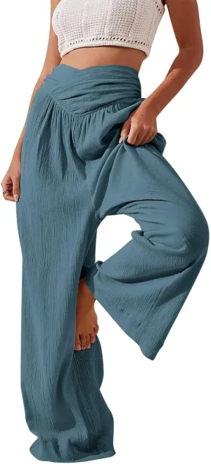 Women Linen Pants Crossover Wide Leg Pants Dressy Palazzo Pants Summer Boho Pants with Pocket Casual Lounge Pant